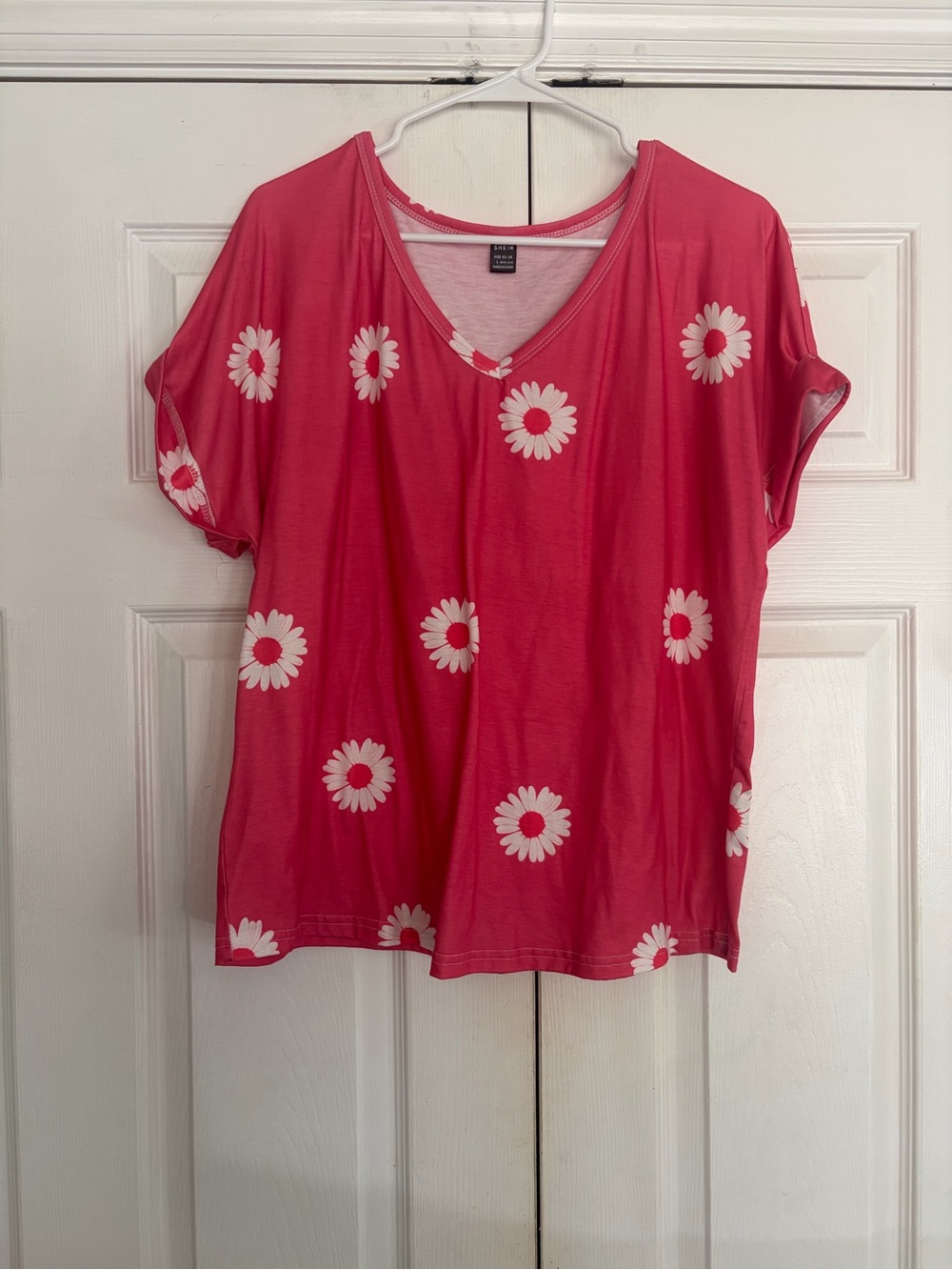 SHEIN Pink Daisy V-Neck Tee